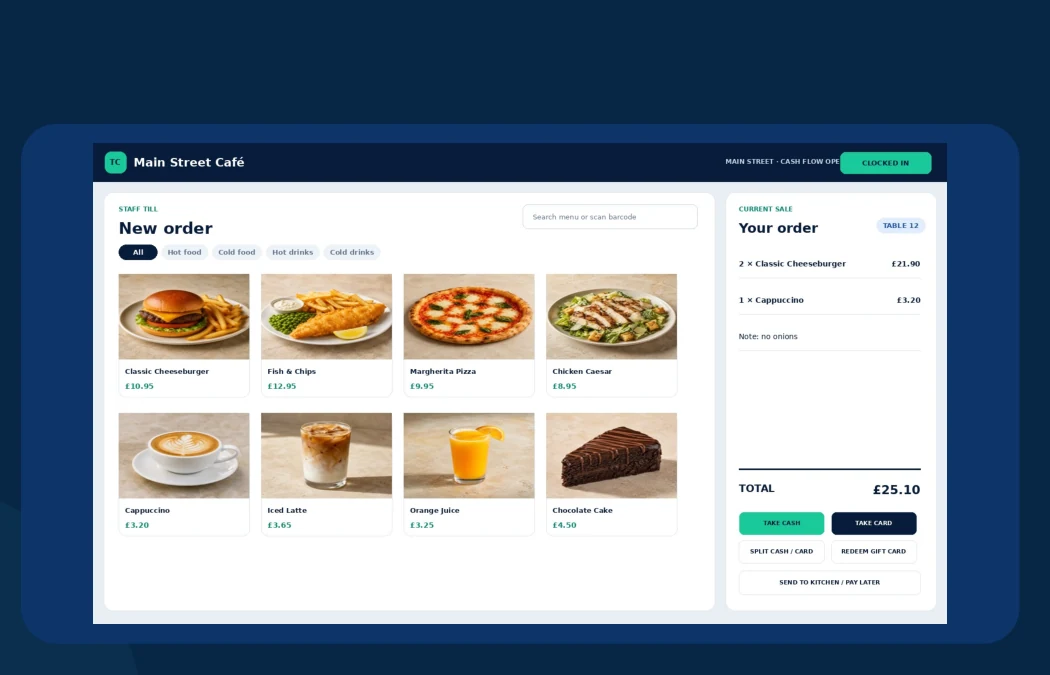 TillConnect staff till showing product tiles and an active customer order
