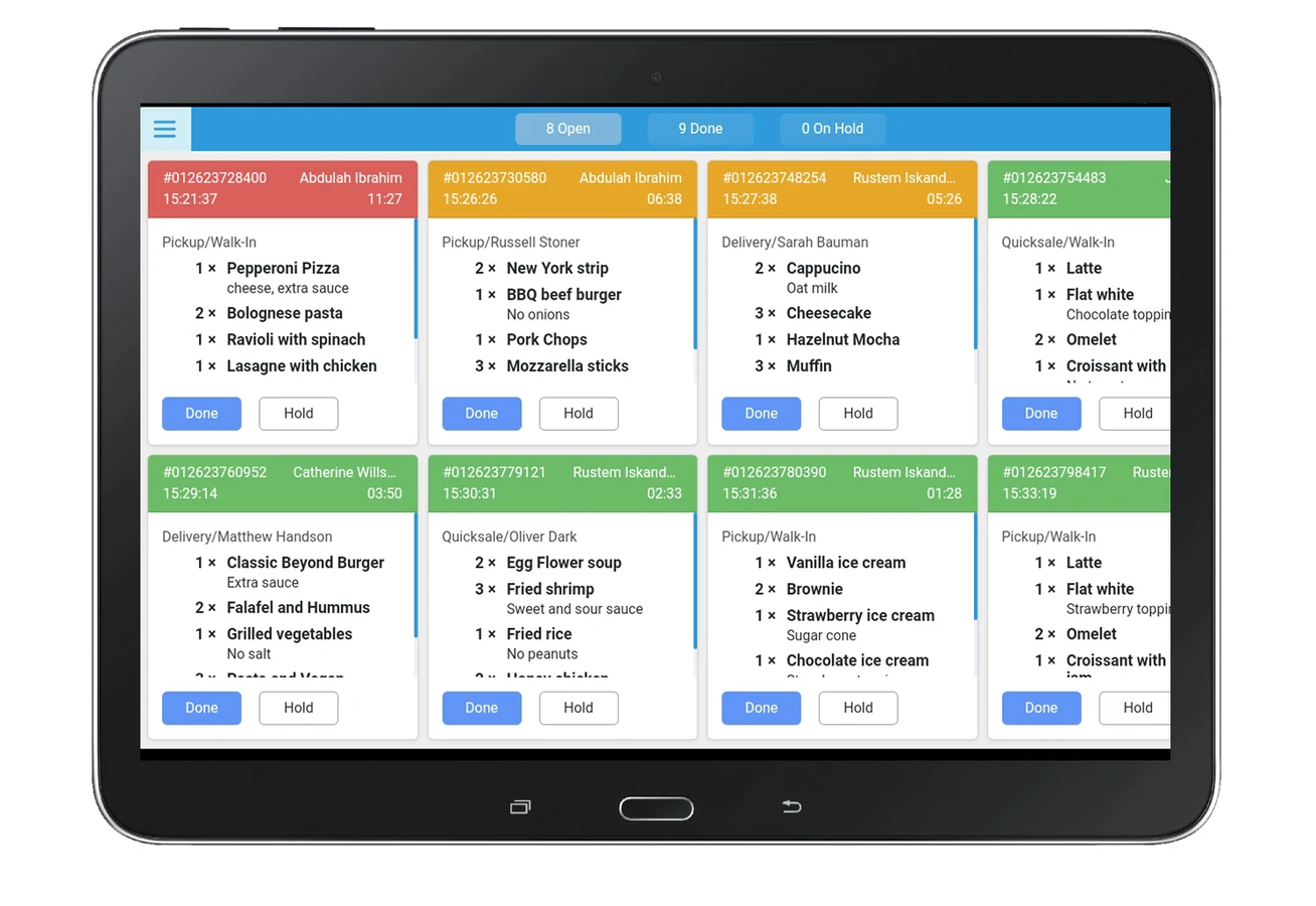 Kitchen order display with live order cards and status controls