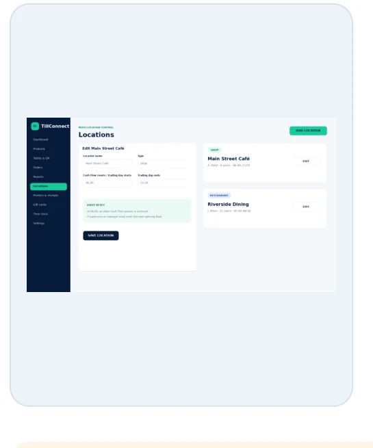 TillConnect locations administration