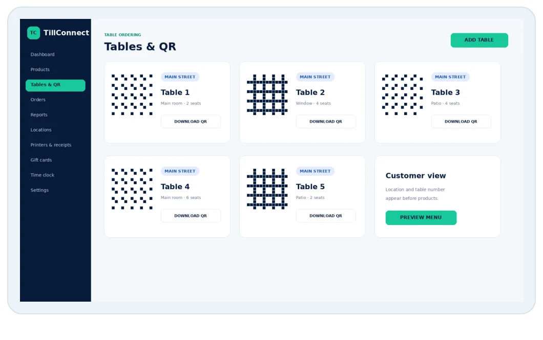 TillConnect tables and QR management screen