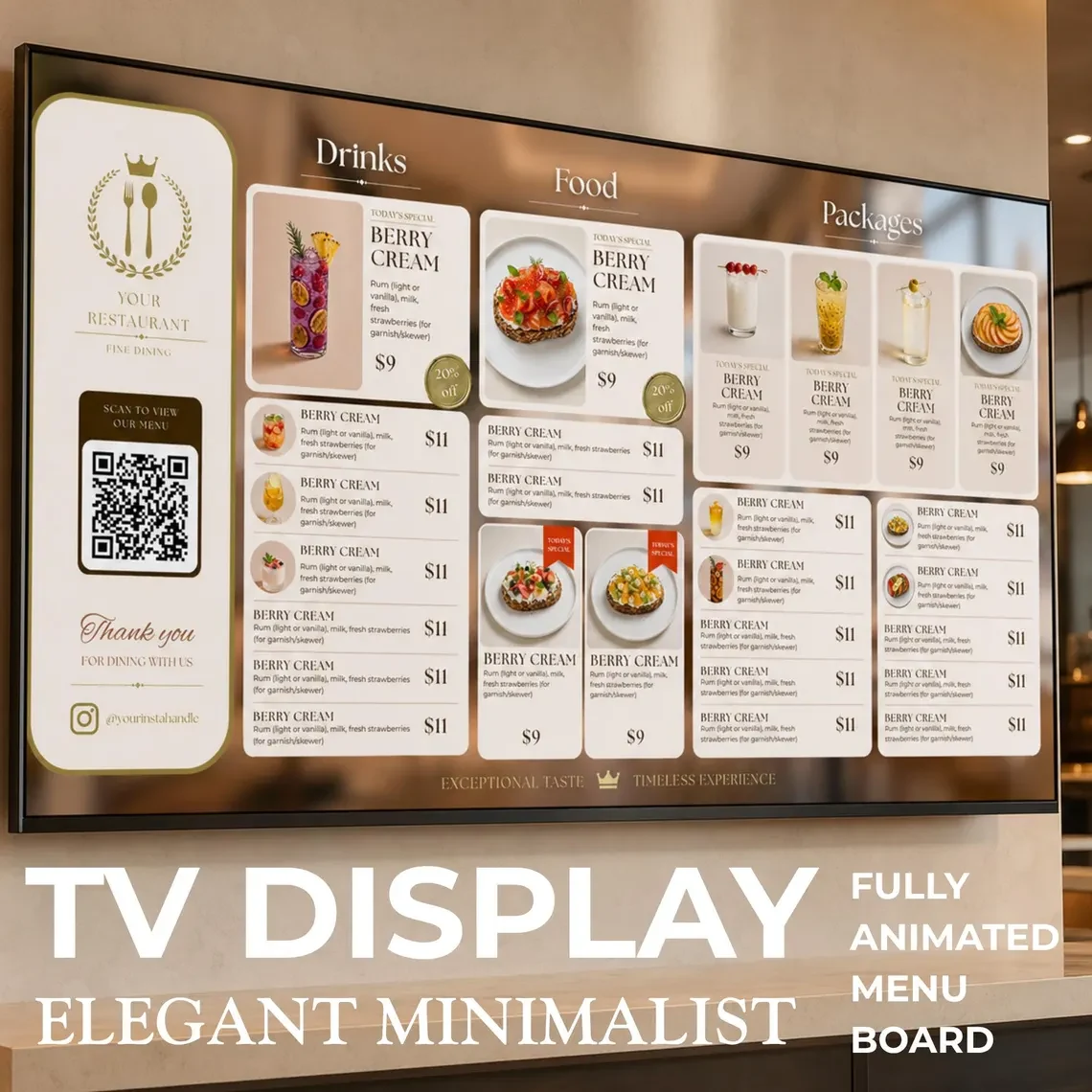 Elegant product menu displayed on a large television screen